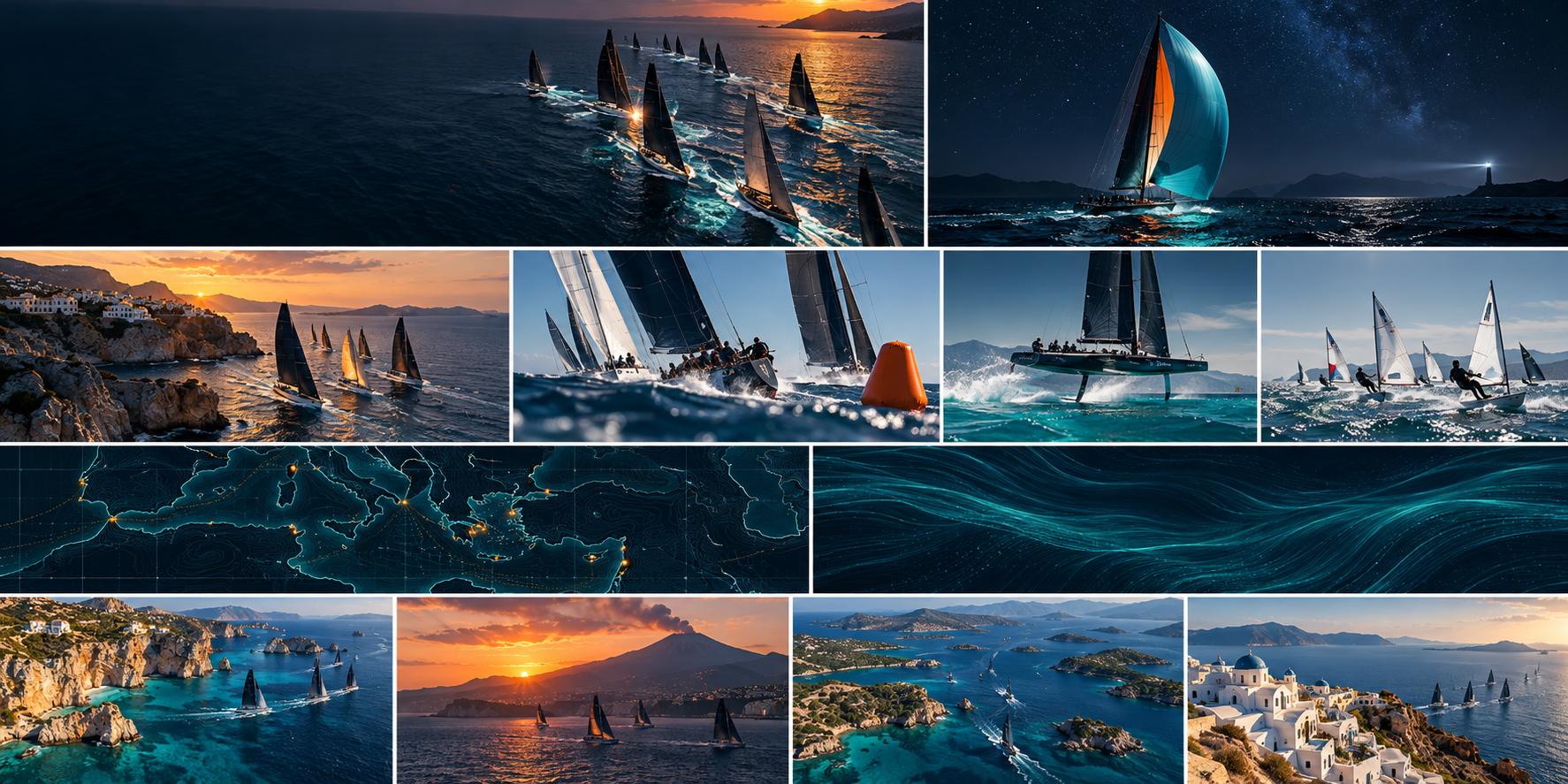A montage of Mediterranean racing: a fleet at dusk, a yacht under the stars, a buoy rounding, a catamaran, dinghies, a glowing chart, wind, and coasts from the Balearics to the Aegean