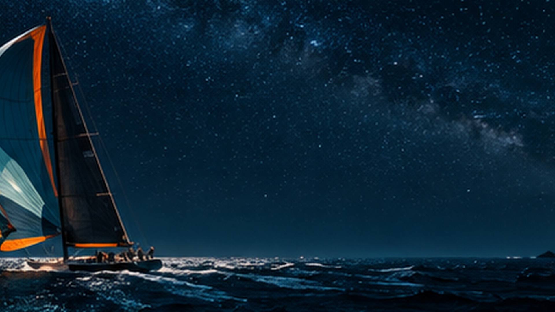 A racing yacht under spinnaker on open sea under the Milky Way